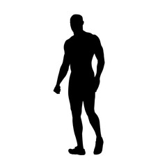 Strong man walking, isolated vector silhouette. Hero with big muscles