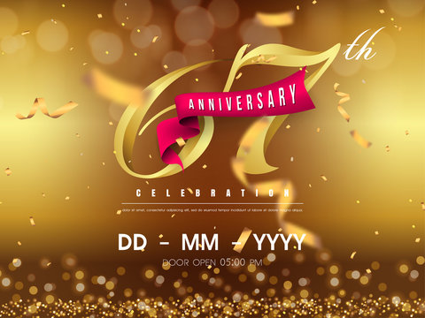 67 years anniversary logo template on gold background. 67th celebrating golden numbers with red ribbon vector and confetti isolated design elements