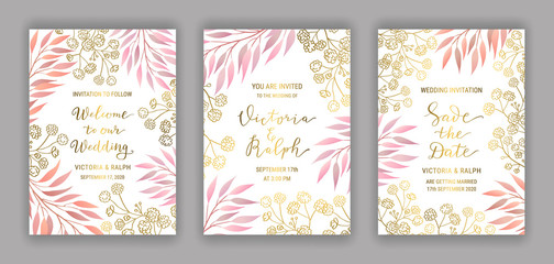 Invitation card template set. Background of elegant branches with pink leaves. Save the date, Welcome to our wedding hand-drawn lettering phrase. Golden text. EPS 10 vector illustration.