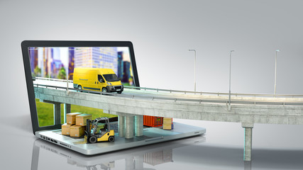 transportation concept road from the laptop on the road going truck there are boxes and a loader on the laptop 3d render on grey gradient