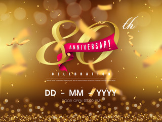 80 years anniversary logo template on gold background. 80th celebrating golden numbers with red ribbon vector and confetti isolated design elements