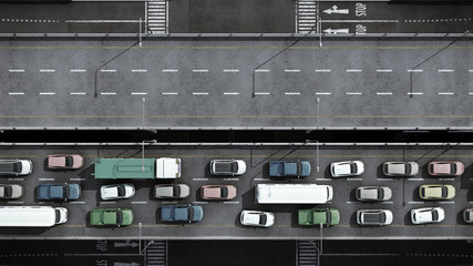 Cars on highway in traffic jam 3d render from top