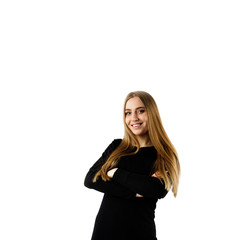 Young woman in black on white background.