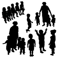 Vector silhouettes of a group of preschoolers. Children sit, the boy joyfully raised his hands up  the girl stands, the silhouette of the boy sideways, the woman tutor mother holds the children’s hand