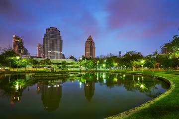 public park in early morning civil skyline landscape with cityscape building