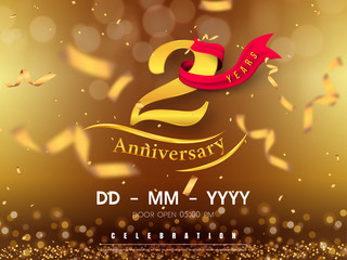 2 years anniversary logo template on gold background. 2nd celebrating golden numbers with red ribbon vector and confetti isolated design elements - obrazy, fototapety, plakaty