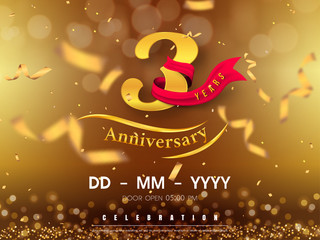 3 years anniversary logo template on gold background. 3rd celebrating golden numbers with red ribbon vector and confetti isolated design elements