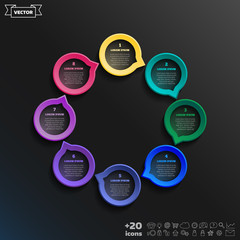 Vector infographic design with colorful circle on the black background. Business concept. 8 options, parts, steps. Can be used for graph, diagram, chart, workflow layout, number options, web.