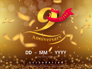 9 years anniversary logo template on gold background. 9th celebrating golden numbers with red ribbon vector and confetti isolated design elements