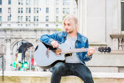 Musician Playing Guitar Outdoor In New York City Young Handsome