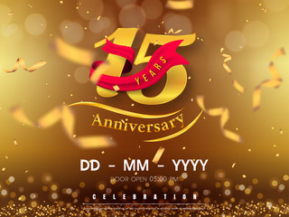 15 years anniversary logo template on gold background. 15th celebrating golden numbers with red ribbon vector and confetti isolated design elements