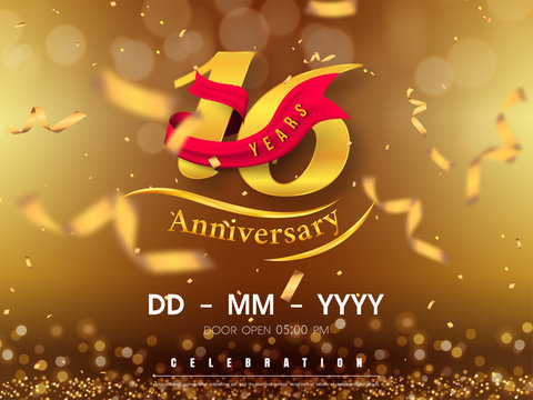 16 years anniversary logo template on gold background. 16th celebrating golden numbers with red ribbon vector and confetti isolated design elements