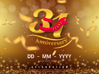 31 years anniversary logo template on gold background. 31st celebrating golden numbers with red ribbon vector and confetti isolated design elements
