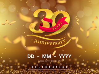 39 years anniversary logo template on gold background. 39th celebrating golden numbers with red ribbon vector and confetti isolated design elements