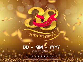 38 years anniversary logo template on gold background. 38th celebrating golden numbers with red ribbon vector and confetti isolated design elements