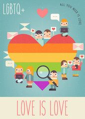 Love is Love - LGBT Community Retro Poster LGBT People Community Concept. Cartoon Cute People and Big Rainbow Heart. Vector Illustration. Card for Love Parade or Online Dating. Happy Pride.