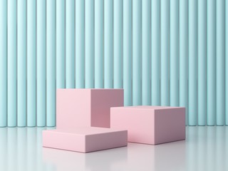 3d rendering, minimal podium, abstract objects. Three pink boxes on a bright white floor, the blue wall of the background has a cylinder texture. Scene with abstract background to show a product. 