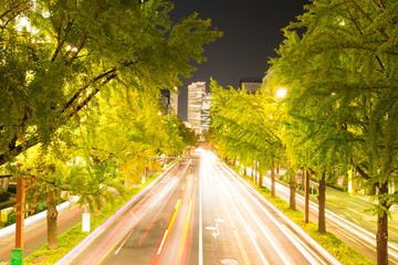 Night view and road to JR Central Towers at Nagoya station in Nagoya,Japan