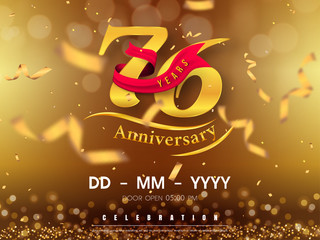 76 years anniversary logo template on gold background. 76th celebrating golden numbers with red ribbon vector and confetti isolated design elements