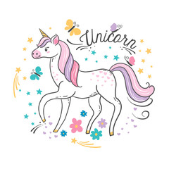 Beautiful unicorn with butterflies and stars