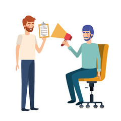 men with sitting in office chair and megaphone