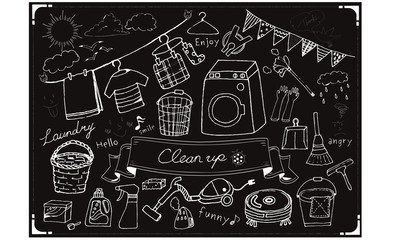 太陽、雲、カモメ、鳥、ハンガー、雨雲、ほうき、ちりとり、洗濯機、洗濯ばさみ、テントウムシ、掃除機、アイロン、洗剤、かご、ランドリーバック、洋服、タオル、干す、ガーランド、笑顔、怒る、顔、バケツ、雑巾、ワイパー、手袋