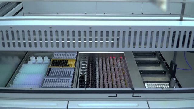 Electronic equipment in the laboratory working close up. Machinery in researching, new technology. Science, profession, healthcare, monkey pox