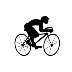 Obraz premium Silhouette of cyclist isolated on white background. Vector black and white illustration. Cutout object. Sports goods elements.