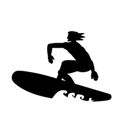 Silhouette of surfer sportsman on   surfboard isolated on white background. Vector black and white illustration. Cutout object. Sports goods elements.