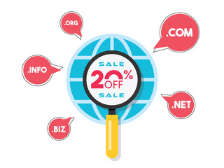 Sale tag vector badge template, 20 off sale label symbol, 20 percent discount promotion flat icon. Register a top-level domain with 20 percentage discount.