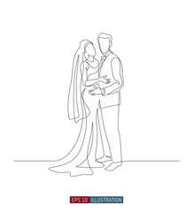 Fototapeta na wymiar Continuous line drawing of bride and groom at wedding ceremony. Template for your design works. Vector illustration.