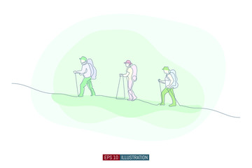 Continuous line drawing of hand drawn traveling people with backpacks silhouettes. Vector illustration. Element for you design works.