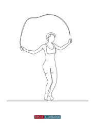 Continuous line drawing of girl jumping with skipping rope. Template for your design works. Vector illustration.