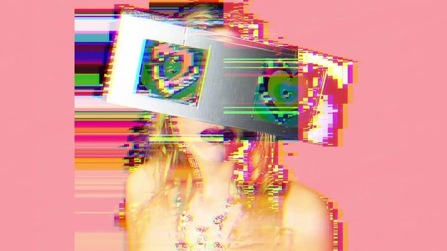 head of a woman looking around with 2 video screens as eyes. the screens have a hypnotic video of hearts on them with overlayed distortion effects