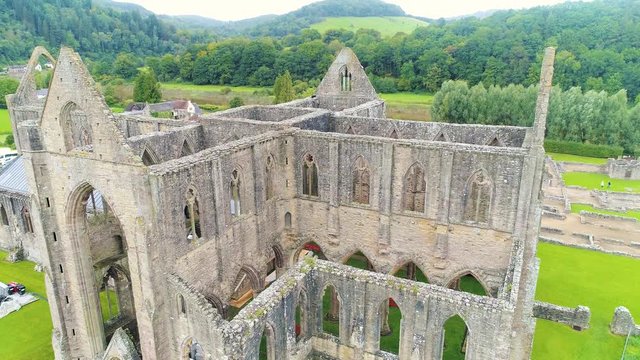 Aerial drone footage of the ruins Tintern Abbey, located on the Welsh boarders. 