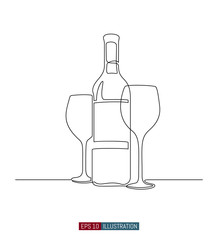 Continuous line drawing of wine bottle and glasses. Template for your design works. Vector illustration.