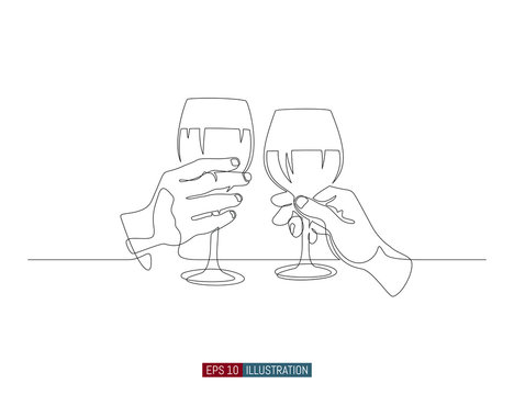 Continuous line drawing of hands holding wine glasses. Template for your design works. Vector illustration.