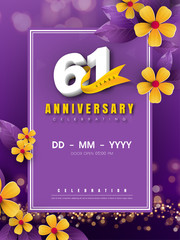 61 years anniversary logo template on golden flower and purple background. 61st celebrating white numbers with gold ribbon vector and bokeh design elements, anniversary invitation template card design