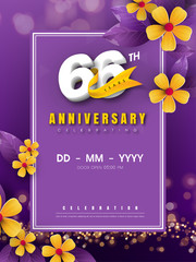 66 years anniversary logo template on golden flower and purple background. 66th celebrating white numbers with gold ribbon vector and bokeh design elements, anniversary invitation template card design