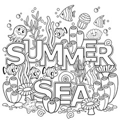 Hand drawn coloring book for adult. Summer holidays, party and rest. Coloring book for adults for meditation and relax. Summer sea. Tropical fish, nemo fish, jellyfish, corals and seashells.