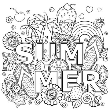 Hand drawn coloring book for adult. Summer holidays, party and rest