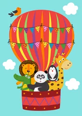 Fotobehang Dieren in luchtballon poster grappige dieren vliegen in een ballon - vectorillustratie, eps
