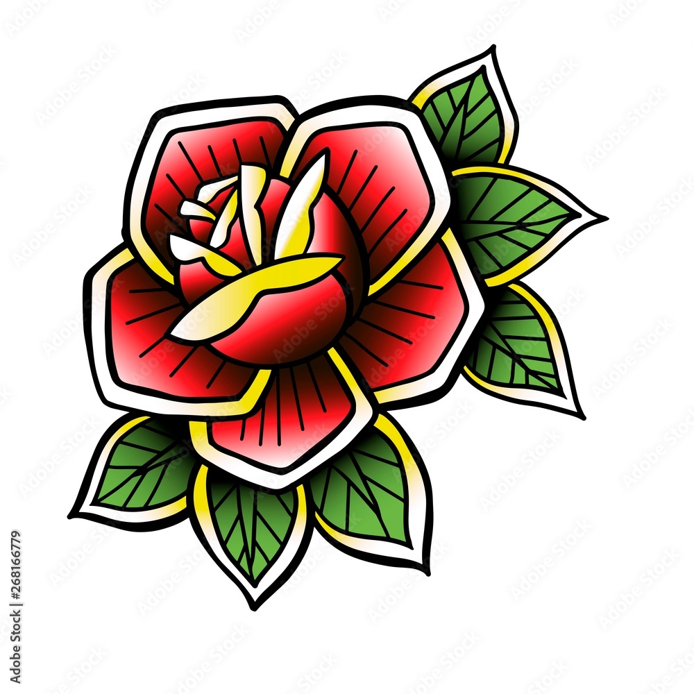 Wall mural Old tattooing school colored icon with roses symbol isolated vector line art illustration. Oldschool tattoo sticker.