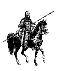 Fototapeta premium Mounted knight. Heavy armored magyar (hungarian) rider. Medieval cavalry illustration. Historical illustration.