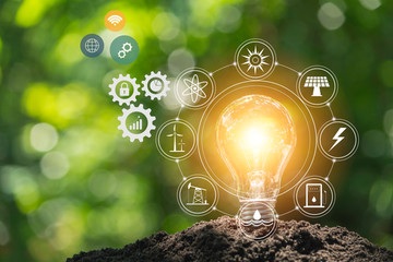 Light bulbs with glowing one. technology and creativity concept with light bulbs and copy space for...