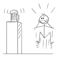 Vector cartoon stick figure drawing conceptual illustration of mad, wild or crazy man who is looking on half-litre or half-liter, mug, pint or half a litre or liter placed on pedestal. Metaphor of