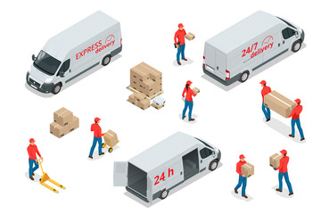 Isometric icons of delivery cars and deliveryman with cardboard boxes. Express, Free or Fast Delivery elements.