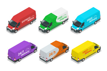 Isometric icons of delivery cars. Express, Free or Fast Delivery truck design elements.