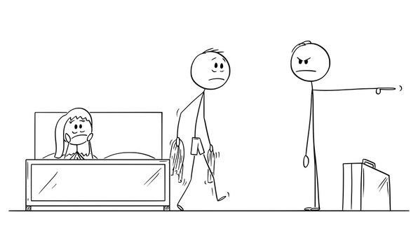 Vector cartoon stick figure drawing conceptual illustration of man or husband returned home and found his wife with paramour having sex in bed. Lover is leaving in shame. Concept of infidelity.