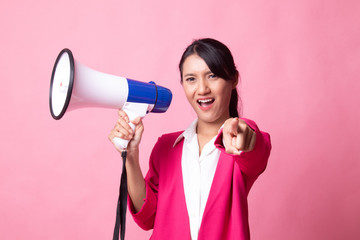 Beautiful young Asian woman announce with megaphone.